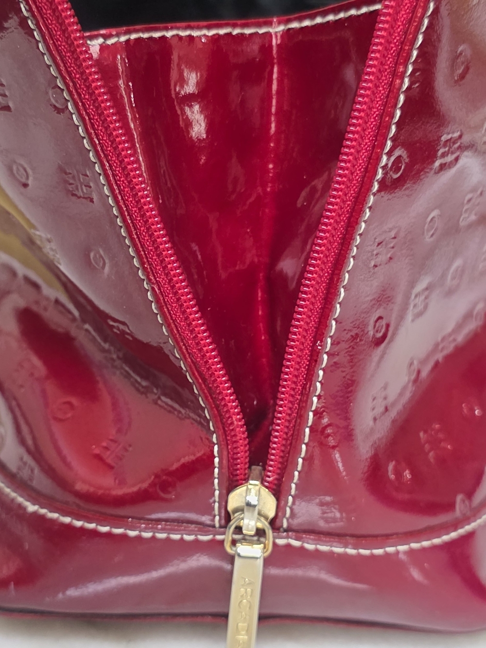 Arcadia Italian Patent Leather Monogram Zip Satchel in Cherry Red - Picture 12 of 15